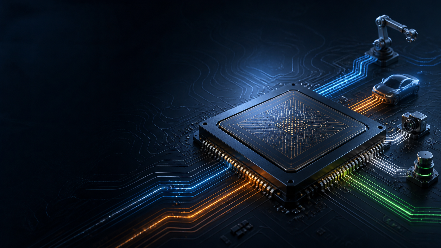 Concept render of an AI inference chip connecting a robot, vehicle, camera and sensor